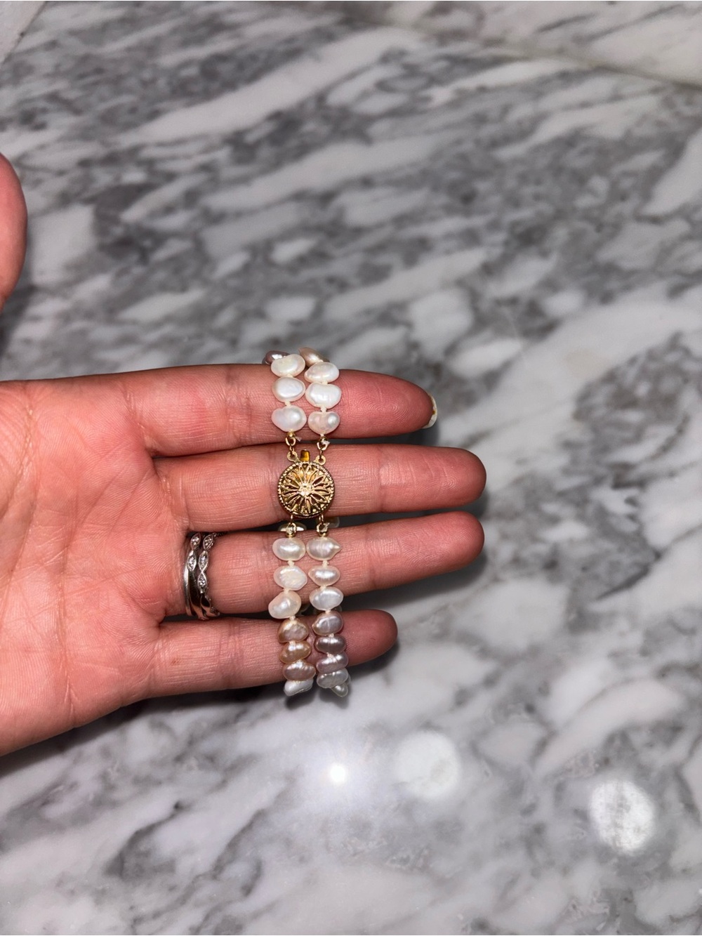 Vintage Cream and White Pearl Double-Strand Bracelet with Gold Sun Clasp